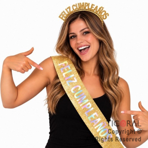 SET VINCHA PL�STICA PERLAS Y BANDA FELIZ CUMPLEA�OS GIBRE ORO